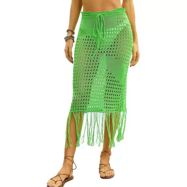 IDEALSANXUN Womens Crochet Skirt Cover Up High Waisted Sheer Swimsuit Sexy Beach Skirt Tassel Knit Mesh Midi SkirtGreen