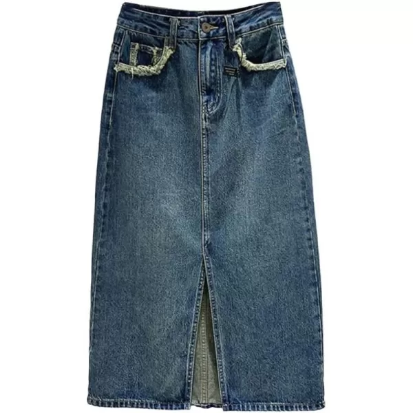 IDEALSANXUN Womens Denim Midi Skirt Casual High Waisted A Line Slit Long Jean SkirtBlue