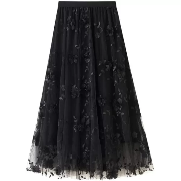 IDEALSANXUN Womens Floral Tulle Skirt Summer High Waisted ALine Layered Pleated Fairy Flowy Ruffle Mesh Beach Midi SkirtsBlack