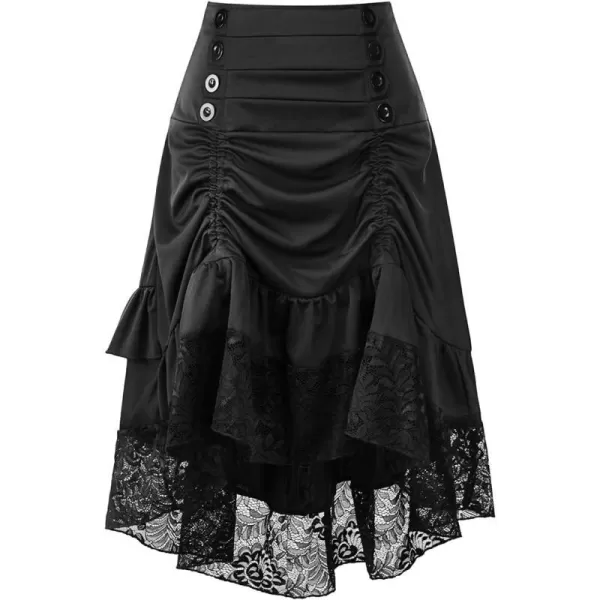 IDEALSANXUN Womens Gothic Steampunk High Low Long Skirts Buttons Lace Hem Renaissance Pirate SkirtsBlack