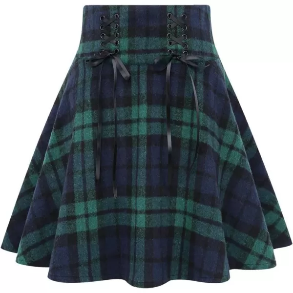 IDEALSANXUN Womens High Waist Lace Up Aline Pleated Wool Gothic Mini Plaid SkirtsGreen