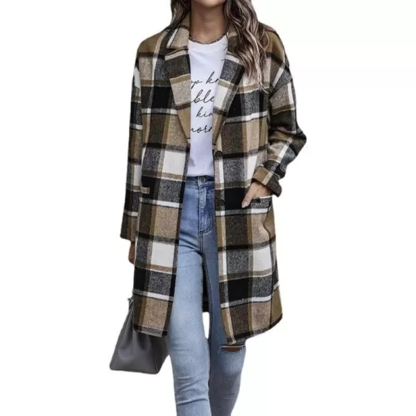 IDEALSANXUN Womens Long Plaid Wool Blazer Single Breasted Flannel Trench Coat JacketsBrown