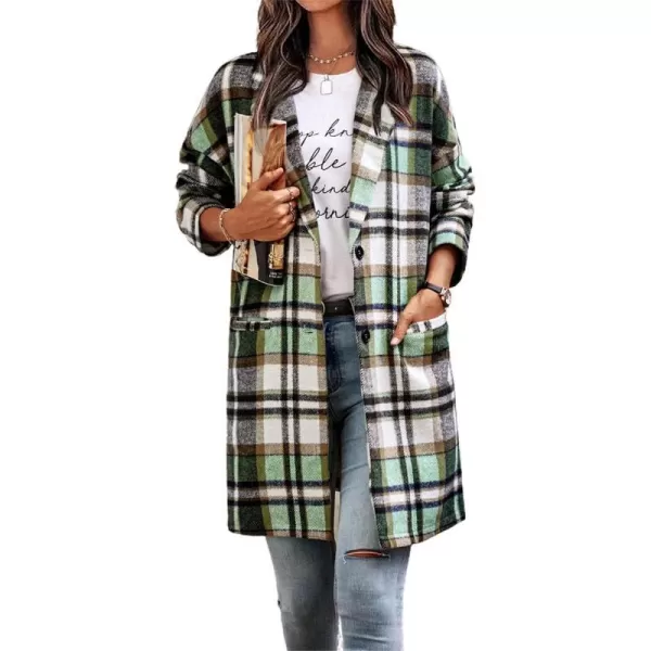 IDEALSANXUN Womens Long Plaid Wool Blazer Single Breasted Flannel Trench Coat JacketsGreen