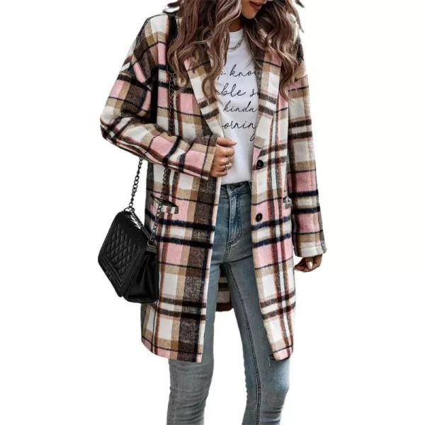 IDEALSANXUN Womens Long Plaid Wool Blazer Single Breasted Flannel Trench Coat JacketsPink