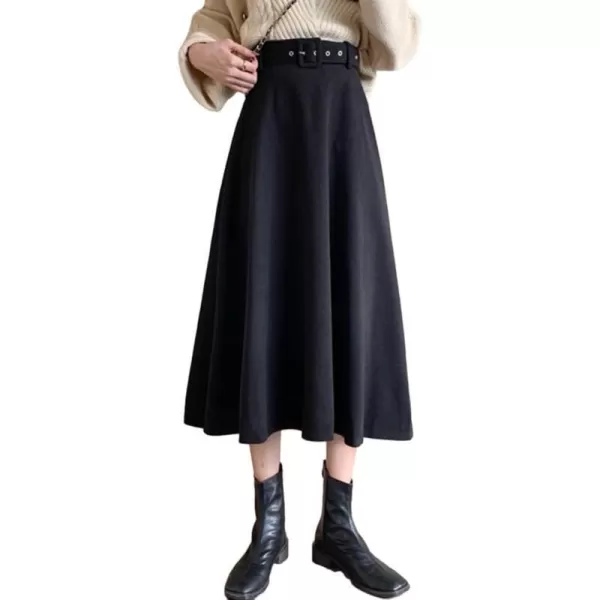 IDEALSANXUN Womens Long Wool Skirts Fall Winter Warm A Line Flared Pleated Skirt with BeltBlack