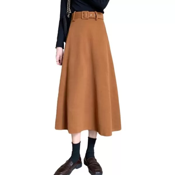 IDEALSANXUN Womens Long Wool Skirts Fall Winter Warm A Line Flared Pleated Skirt with BeltKhaki