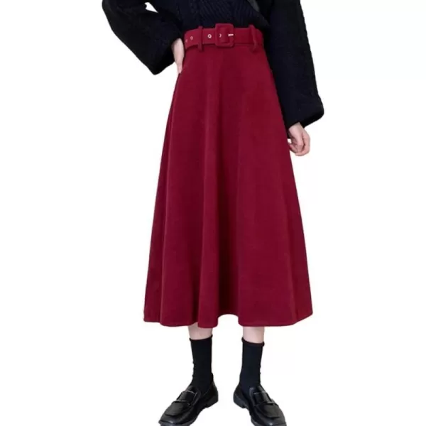 IDEALSANXUN Womens Long Wool Skirts Fall Winter Warm A Line Flared Pleated Skirt with BeltWine