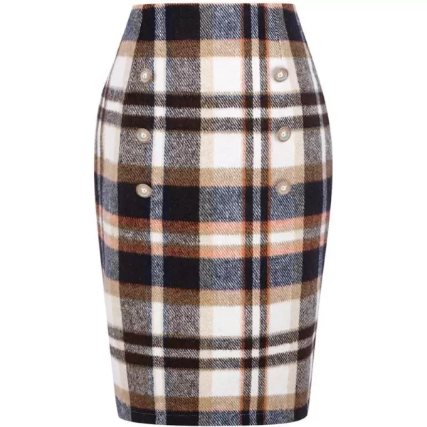 IDEALSANXUN Womens Plaid Pencil Skirts Fall Winter Double Button Knee Length Wool Skirt with Back SlitBrown