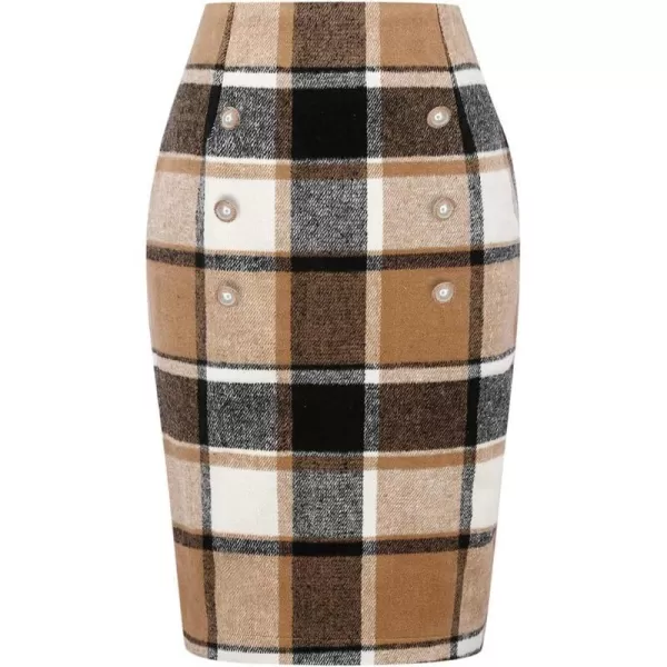 IDEALSANXUN Womens Plaid Pencil Skirts Fall Winter Double Button Knee Length Wool Skirt with Back SlitBrown New