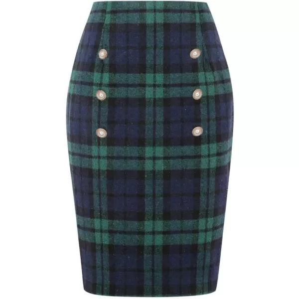 IDEALSANXUN Womens Plaid Pencil Skirts Fall Winter Double Button Knee Length Wool Skirt with Back SlitGreen