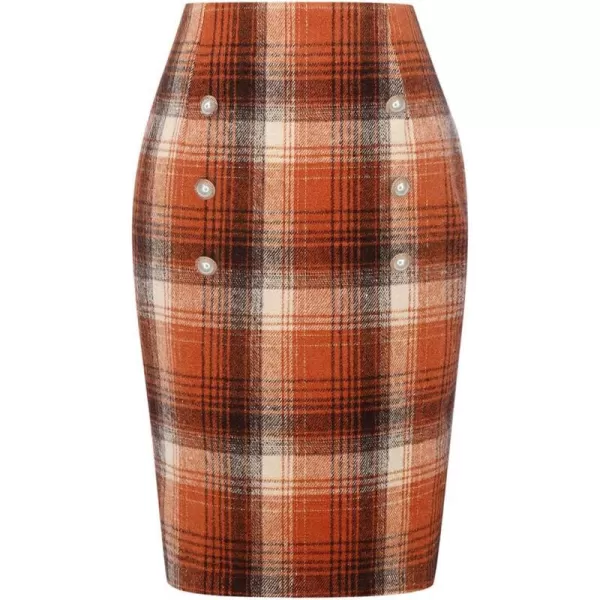 IDEALSANXUN Womens Plaid Pencil Skirts Fall Winter Double Button Knee Length Wool Skirt with Back SlitOrange