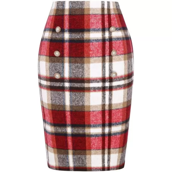 IDEALSANXUN Womens Plaid Pencil Skirts Fall Winter Double Button Knee Length Wool Skirt with Back SlitWine