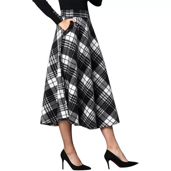 IDEALSANXUN Womens Plaid Wool Skirts Elastic Waist ALine Pleated Tartan Long SkirtsMidcalf Blackampwhite