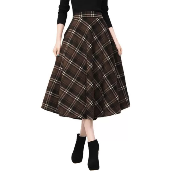 IDEALSANXUN Womens Plaid Wool Skirts Elastic Waist ALine Pleated Tartan Long SkirtsMidcalf Coffee