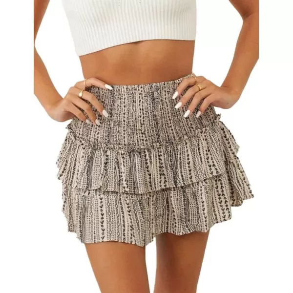 IDEALSANXUN Womens Pleated Mini Skirts Summer High Waisted A Line Beach Short Sexy Flowy Boho Layered Ruffle SkirtKhaki