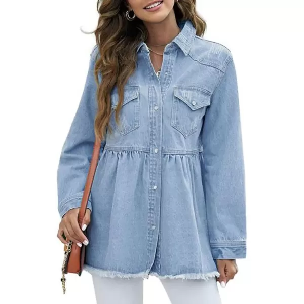 IDEALSANXUN Womens Ripped Denim Shirts Shacket Long Sleeve Oversized Raw Hem Jean JacketLight Blue