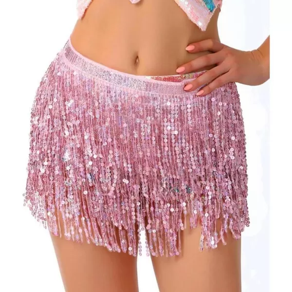 IDEALSANXUN Womens Sequin Skirts Tassel Sparkly Wrap Belly Dance Hip Skirt Rave OutfitsPink