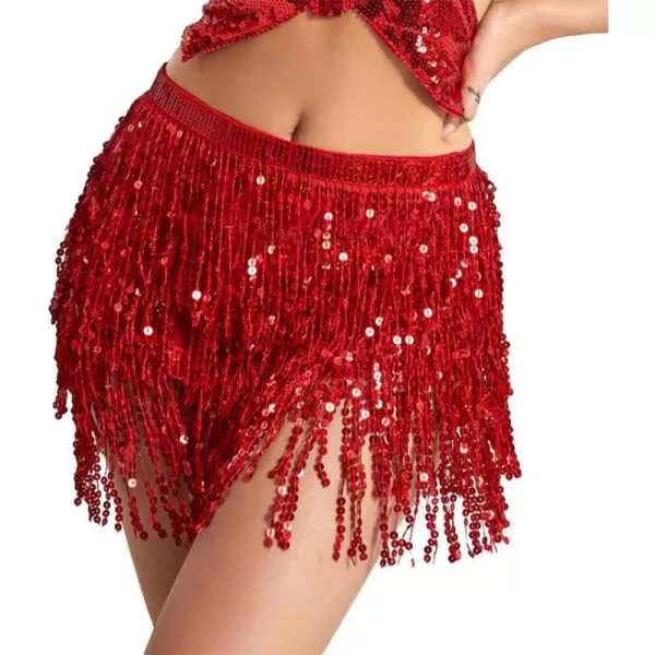 IDEALSANXUN Womens Sequin Skirts Tassel Sparkly Wrap Belly Dance Hip Skirt Rave OutfitsRed