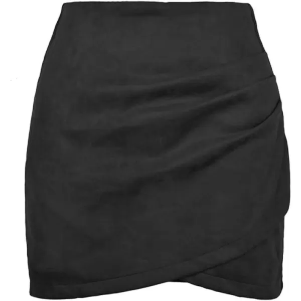 IDEALSANXUN Womens Suede Mini Skirt High Waisted Ruched Bodycon Pencil Skirt with SlitBlack