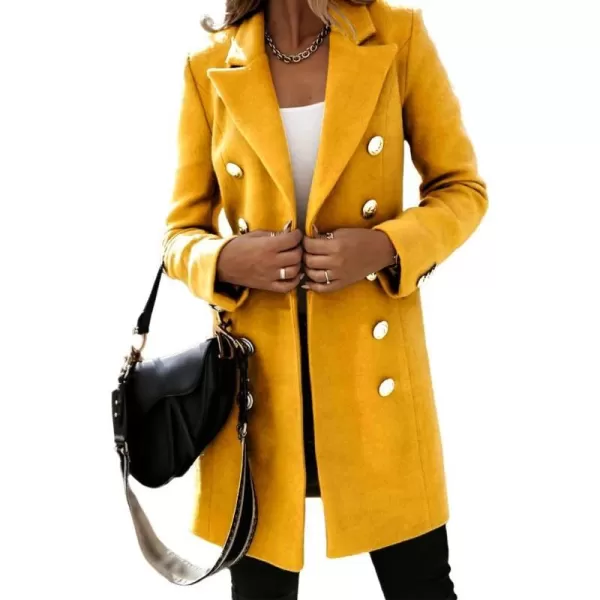 IDEALSANXUN Womens Wool Coat Double Breasted Mid Length Fall Winter Peacoat Trench Coat Jackets 2023Yellow