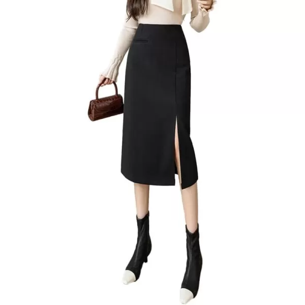 IDEALSANXUN Womens Wool Pencil Midi Skirt Fall Winter High Waisted Bodycon Skirt with SlitBlack