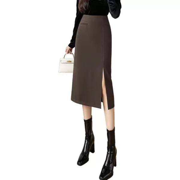 IDEALSANXUN Womens Wool Pencil Midi Skirt Fall Winter High Waisted Bodycon Skirt with SlitCoffee