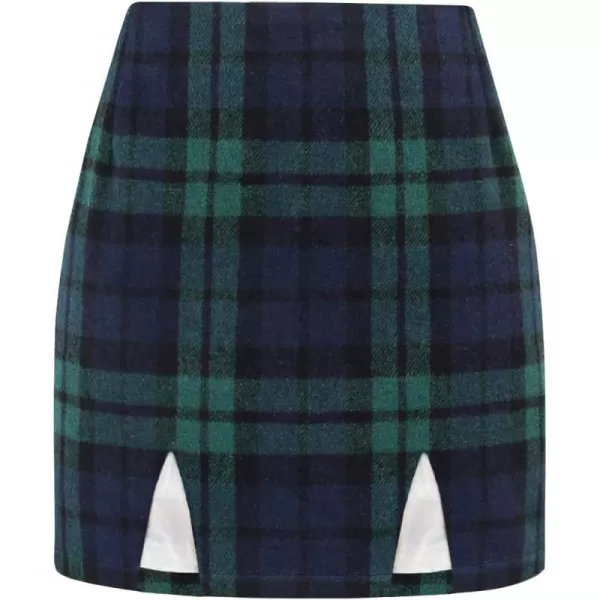 IDEALSANXUN Womens Wool Plaid Mini Skirt Fall Winter Fashion Short Bodycon Pencil Skirt with SlitGreen