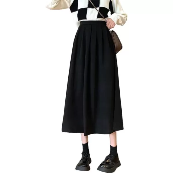 IDEALSANXUN Wool A Line Midi Skirts for Women 2023 Fall Winter Elastic High Waisted Flared Pleated Skirt with PocketsBlack