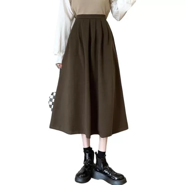 IDEALSANXUN Wool A Line Midi Skirts for Women 2023 Fall Winter Elastic High Waisted Flared Pleated Skirt with PocketsCoffee