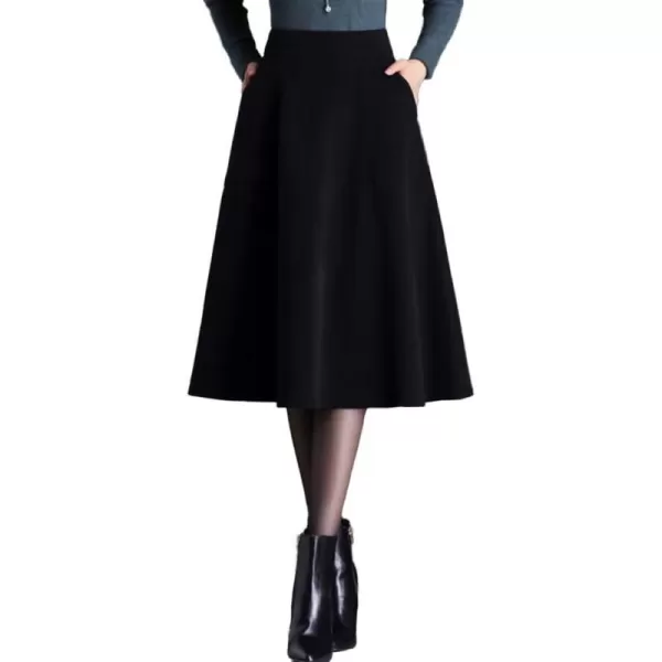 IDEALSANXUN Wool A Line Skirts for Women 2023 Fall Winter Elastic High Waisted Flared Pleated Midi Skirt with PocketsBlack