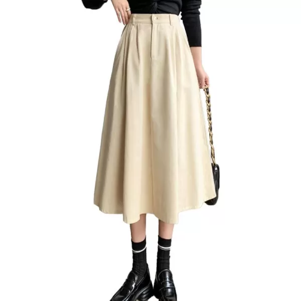 IDEALSANXUN Wool Maxi Skirt for Women High Waisted Pleated A line Ruffle Fall Winter Skirts with PocketsBeige