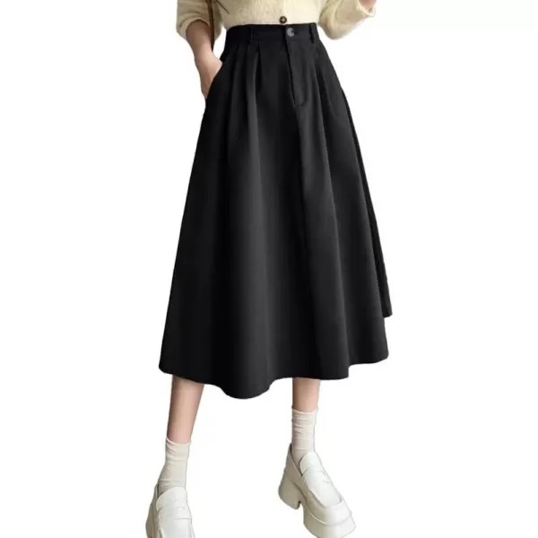 IDEALSANXUN Wool Maxi Skirt for Women High Waisted Pleated A line Ruffle Fall Winter Skirts with PocketsBlack