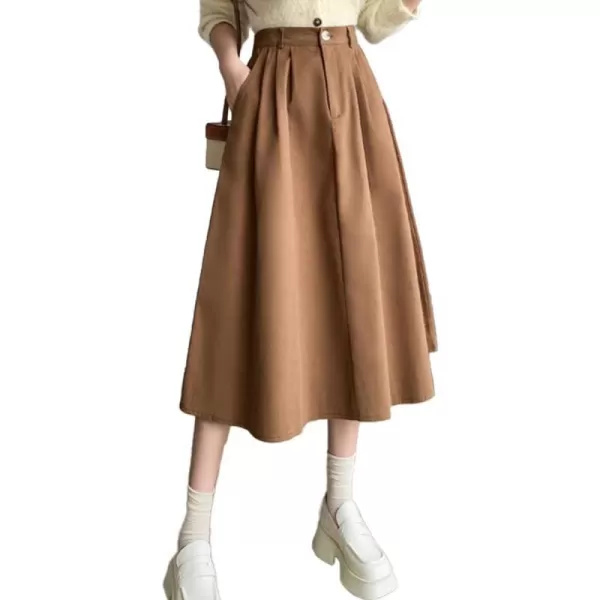 IDEALSANXUN Wool Maxi Skirt for Women High Waisted Pleated A line Ruffle Fall Winter Skirts with PocketsCoffee