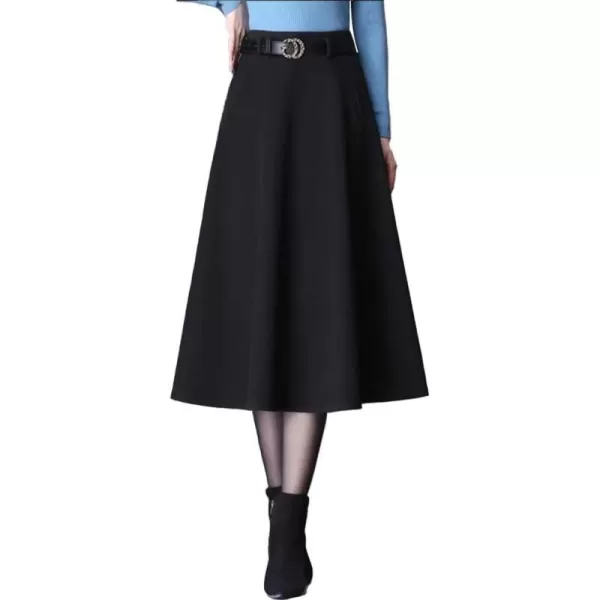 IDEALSANXUN Wool Maxi Skirts for Women High Waisted Pleated A line Flowy Fall Winter Trendy Skirt with PocketsBlack