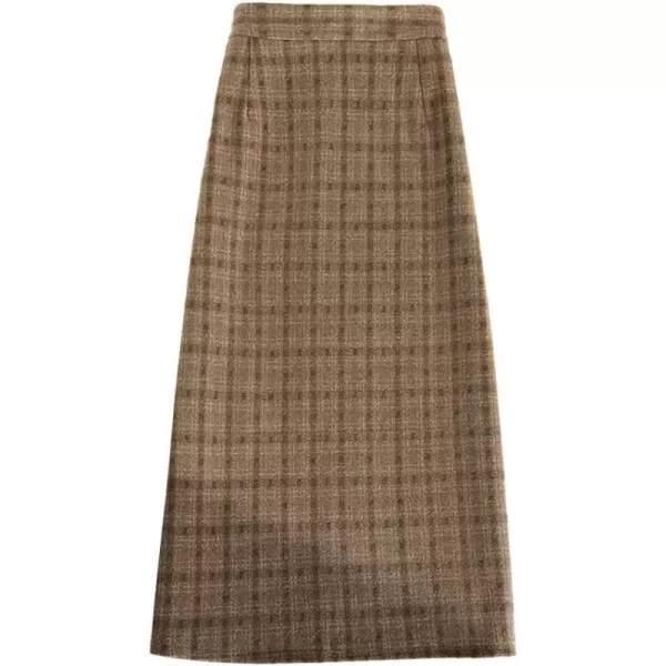 IDEALSANXUN Wool Midi Plaid Skirts for Women Warm Fall Winter A Line Elastic High Waisted SkirtBrown