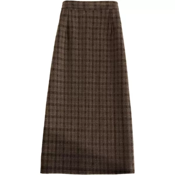 IDEALSANXUN Wool Midi Plaid Skirts for Women Warm Fall Winter A Line Elastic High Waisted SkirtCoffee