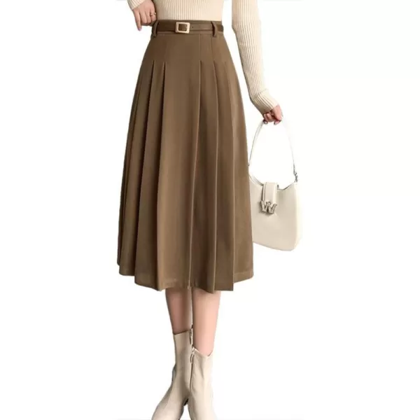 IDEALSANXUN Wool Midi Skirt for Women High Waisted Pleated A Line 2023 Trendy Fall Winter Skirts with BeltKhaki