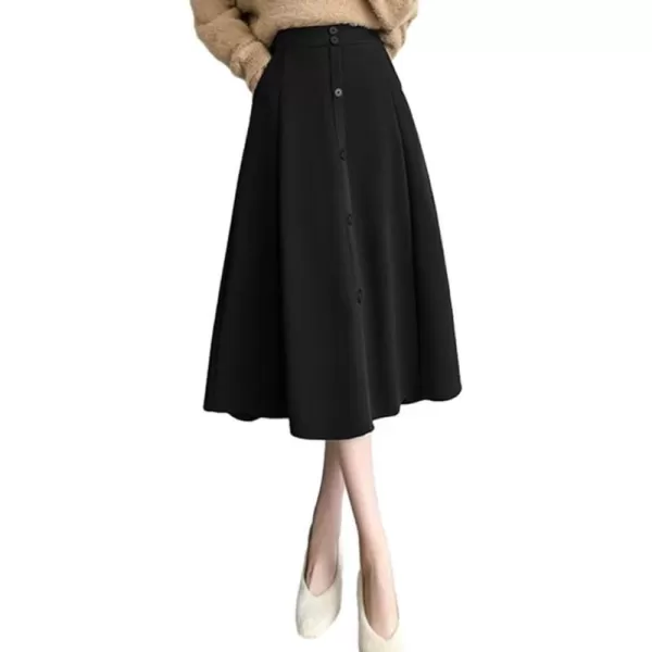 IDEALSANXUN Wool Midi Skirts for Women High Waisted A Line Fall Winter 2023 Long Skirt with PocketsBlack