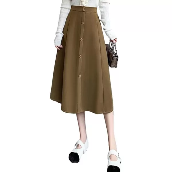 IDEALSANXUN Wool Midi Skirts for Women High Waisted A Line Fall Winter 2023 Long Skirt with PocketsKhaki