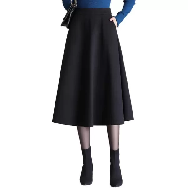 IDEALSANXUN Wool Midi Skirts for Women High Waisted Aline Fall Winter Trendy Flowy SkirtBlack