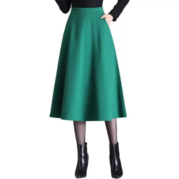 IDEALSANXUN Wool Midi Skirts for Women High Waisted Aline Fall Winter Trendy Flowy SkirtGreen