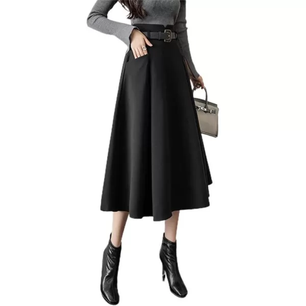 IDEALSANXUN Wool Midi Skirts for Womens High Waisted A Line Pleated Belted Fall Winter SkirtsBlack