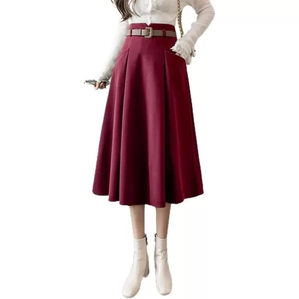 IDEALSANXUN Wool Midi Skirts for Womens High Waisted A Line Pleated Belted Fall Winter SkirtsWine