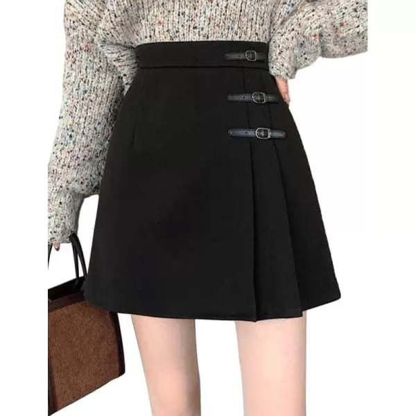 IDEALSANXUN Wool Mini Skirt for Women High Waisted Pleated A Line Fall Winter Preppy SkirtBlack