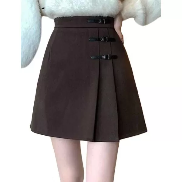 IDEALSANXUN Wool Mini Skirt for Women High Waisted Pleated A Line Fall Winter Preppy SkirtCoffee