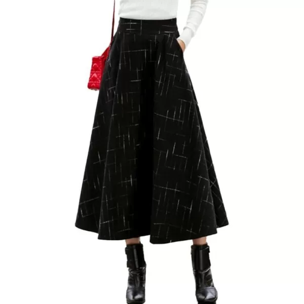 IDEALSANXUN Wool Plaid Long Skirts for Women High Waisted Pleated A Line Winter Fall Skirt with PocketsBlack