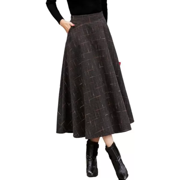 IDEALSANXUN Wool Plaid Long Skirts for Women High Waisted Pleated A Line Winter Fall Skirt with PocketsDark Grey