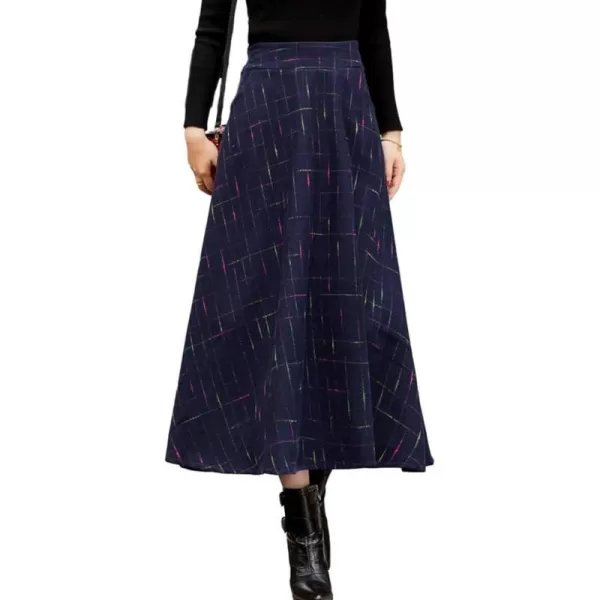 IDEALSANXUN Wool Plaid Long Skirts for Women High Waisted Pleated A Line Winter Fall Skirt with PocketsNavy Blue