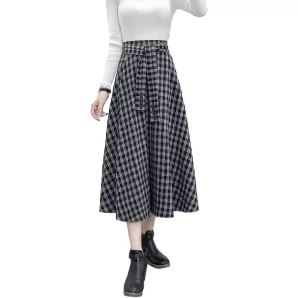 IDEALSANXUN Wool Plaid Midi Skirts for Women 2023 Fall Winter Elastic High Waisted A Line Flared Pleated Skirt with PocketsBlack