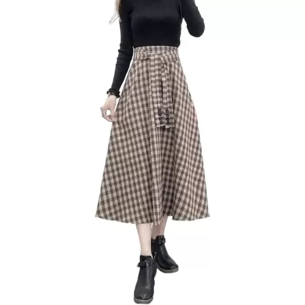 IDEALSANXUN Wool Plaid Midi Skirts for Women 2023 Fall Winter Elastic High Waisted A Line Flared Pleated Skirt with PocketsCoffee